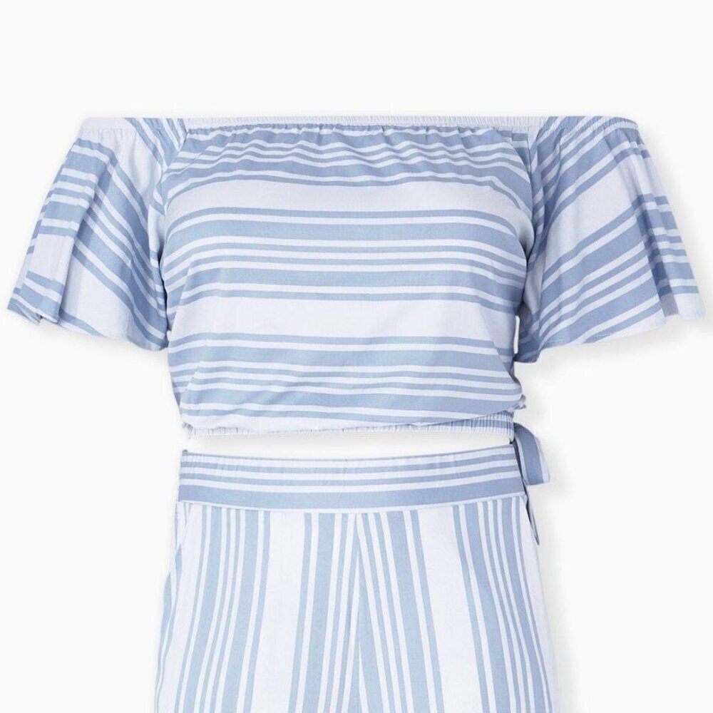 Torrid Striped Challis Crop Top Womens 6X 30 Blue Off Shoulder Short Sleeve